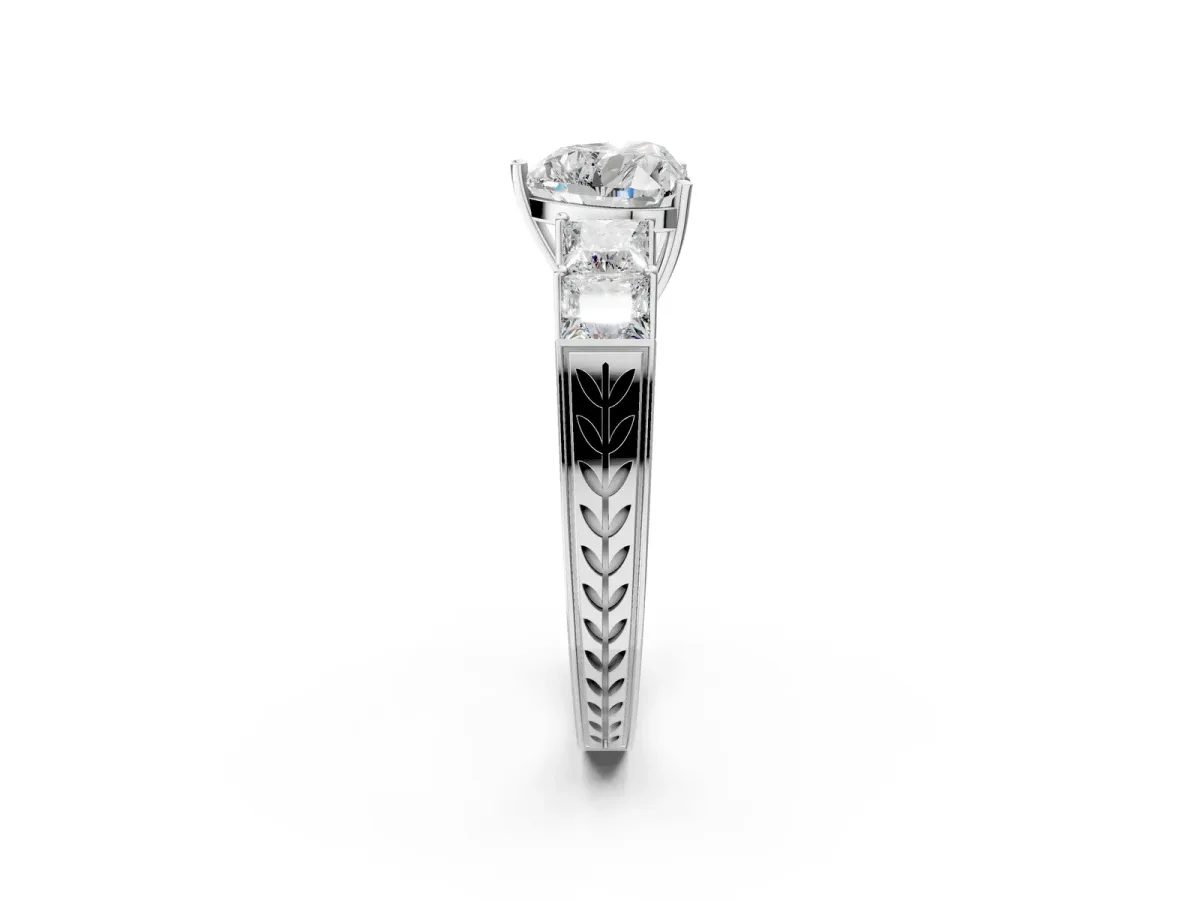 Heart Cut Solitaire Princess Side Stone Engraved Band Prong Setting Ring Platinum