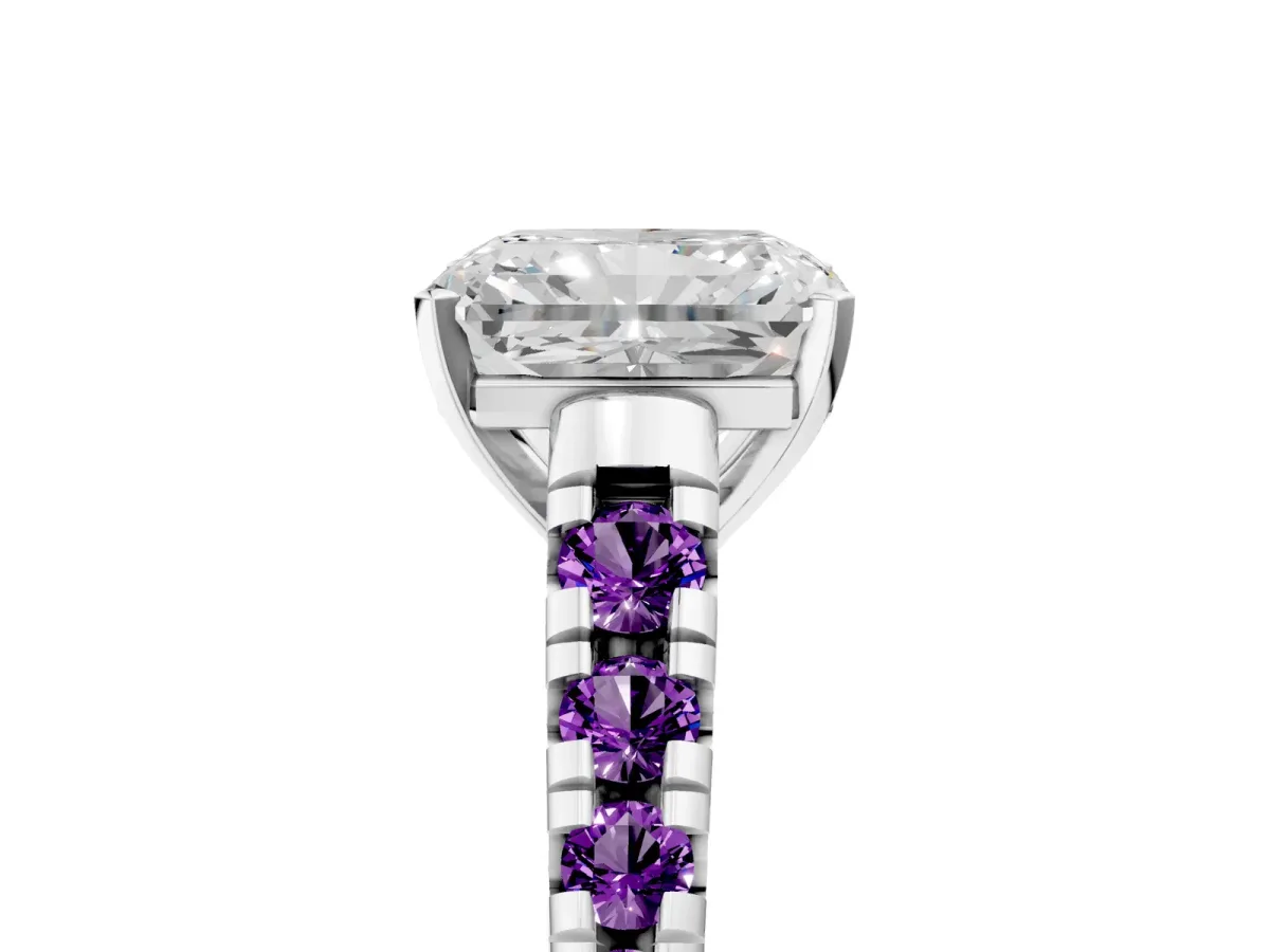 Radiant Cut Diamond Cathedral Solitaire Ring with Round Amethyst Pavé Band Silver