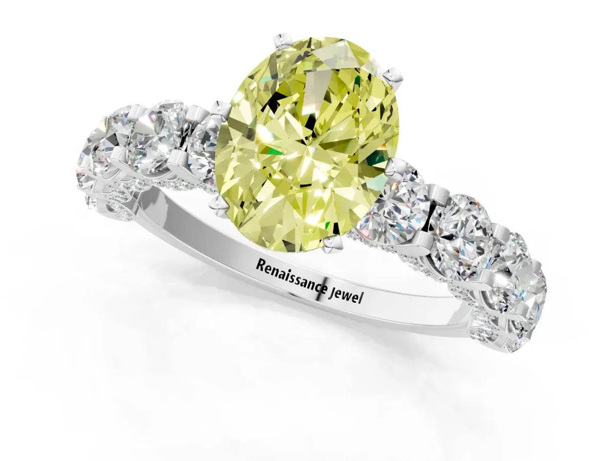 Fancy Yellow Oval Cut Diamond Side Stone Engagement Ring with Four-Prong Setting White gold