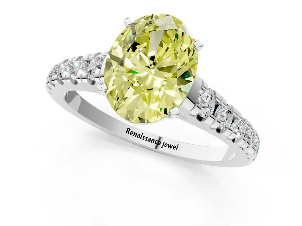 Fancy Yellow Oval Cut Diamond Cathedral Solitaire Ring with Round Pavé Band Platinum