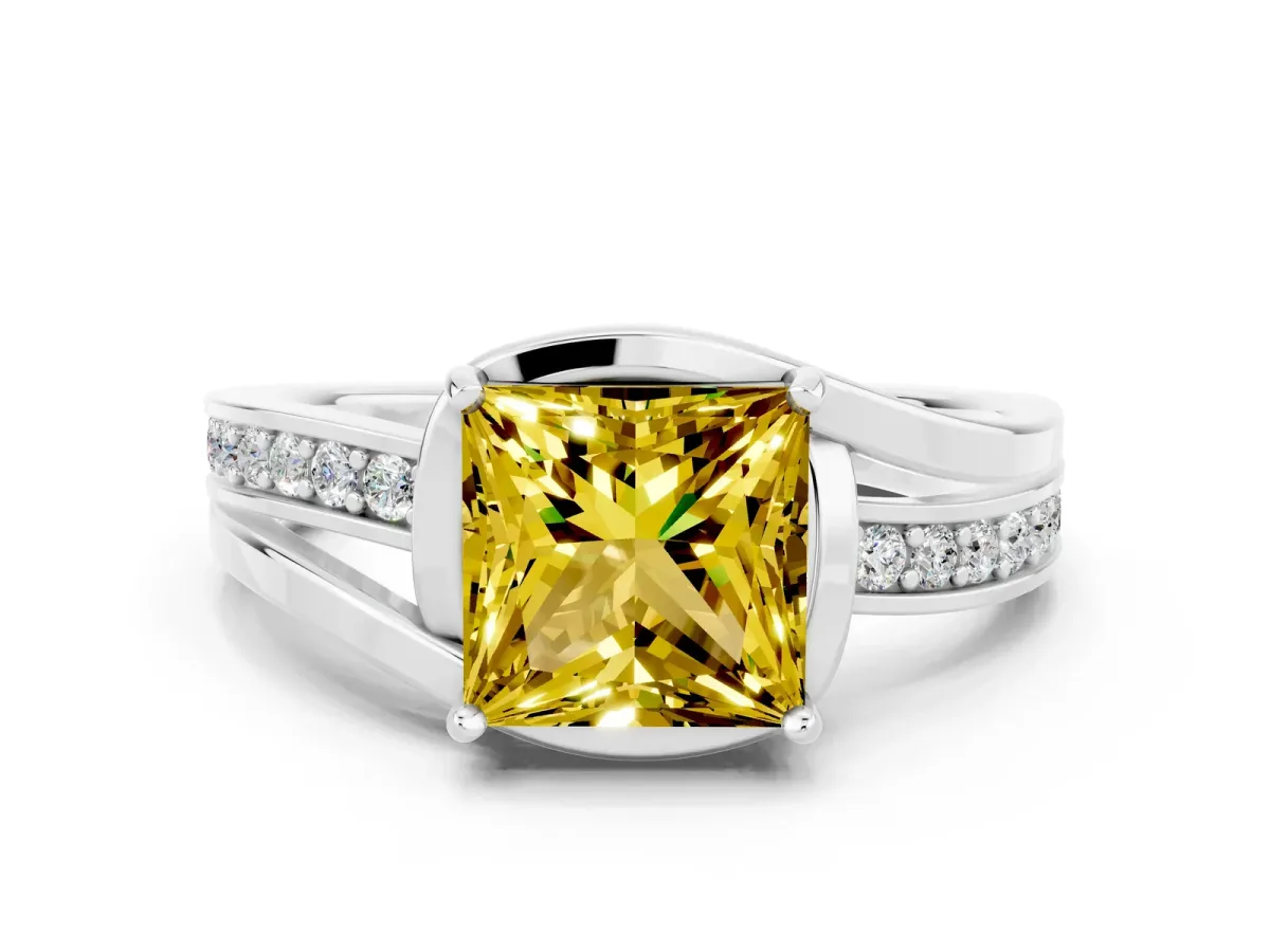 Princess Cut Yellow Sapphire Solitaire Ring with Split Shank and Prong Setting Platinum
