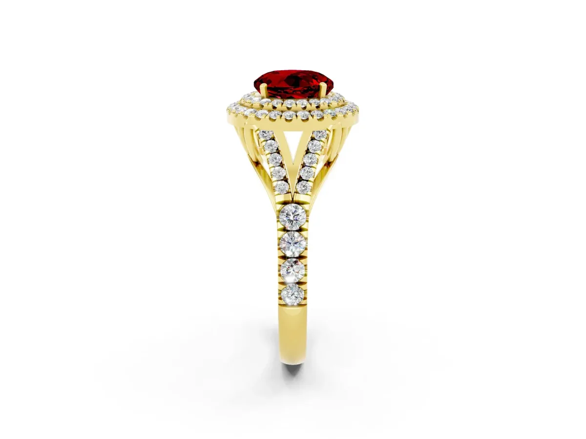 Round Cut Ruby Double Halo Ring with Split Shank and Prong Setting Yellow gold