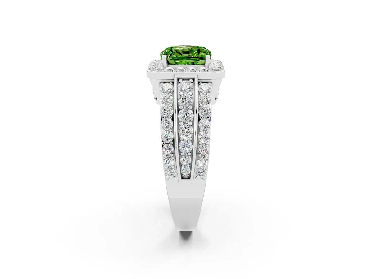 Cushion Cut Halo Peridot Ring with Round Split Shank and Prong Setting Platinum