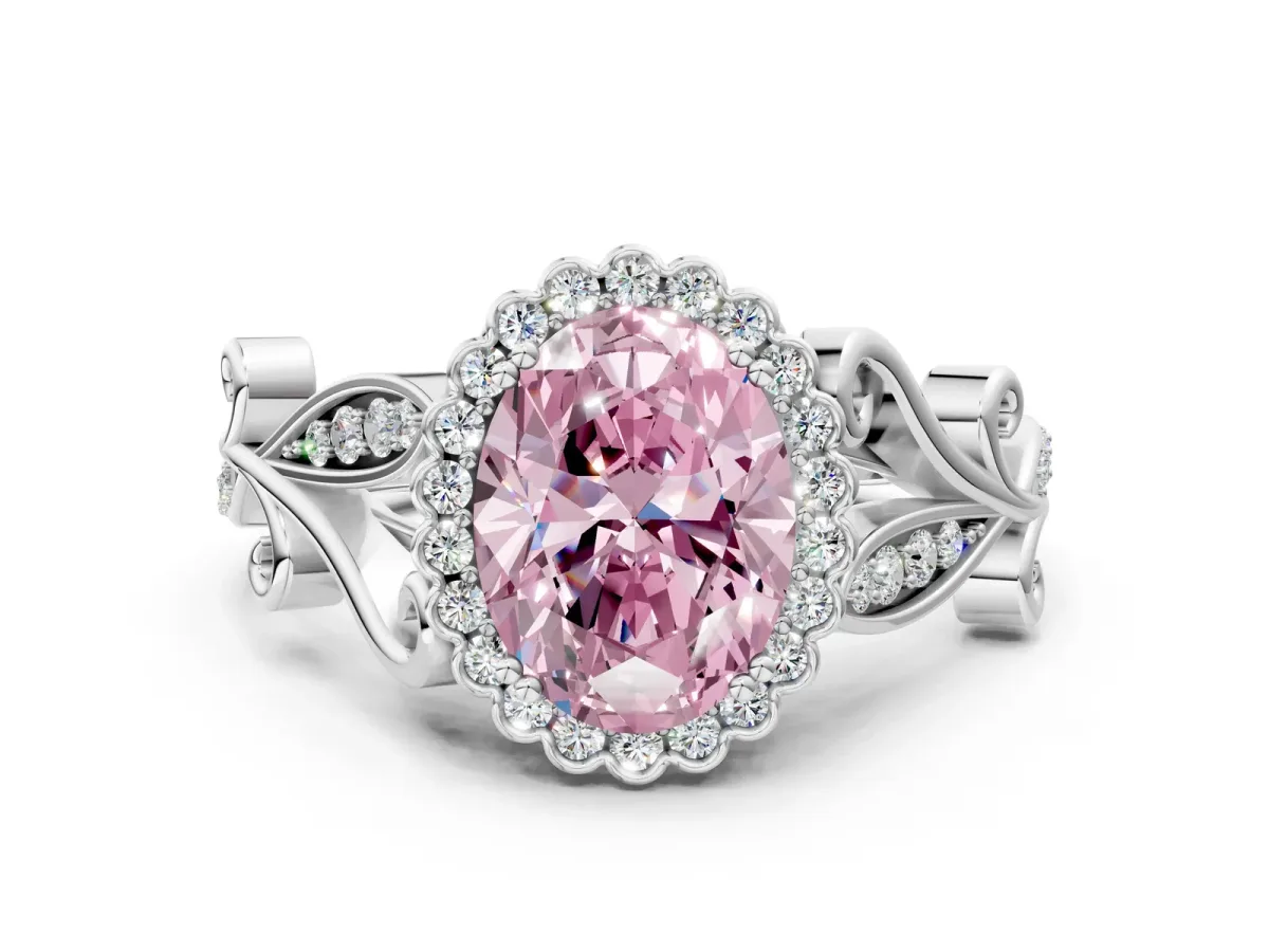 Fancy Pink Oval Cut Diamond Halo Ring with Vintage Split Shank and Four-Prong Setting Silver