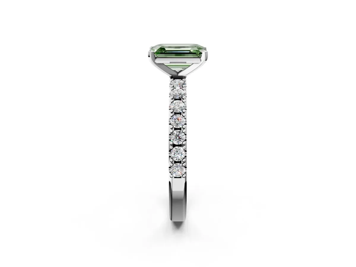 Fancy Green Emerald Cut Diamond Solitaire Pavé Band with Four-Prong Setting Silver