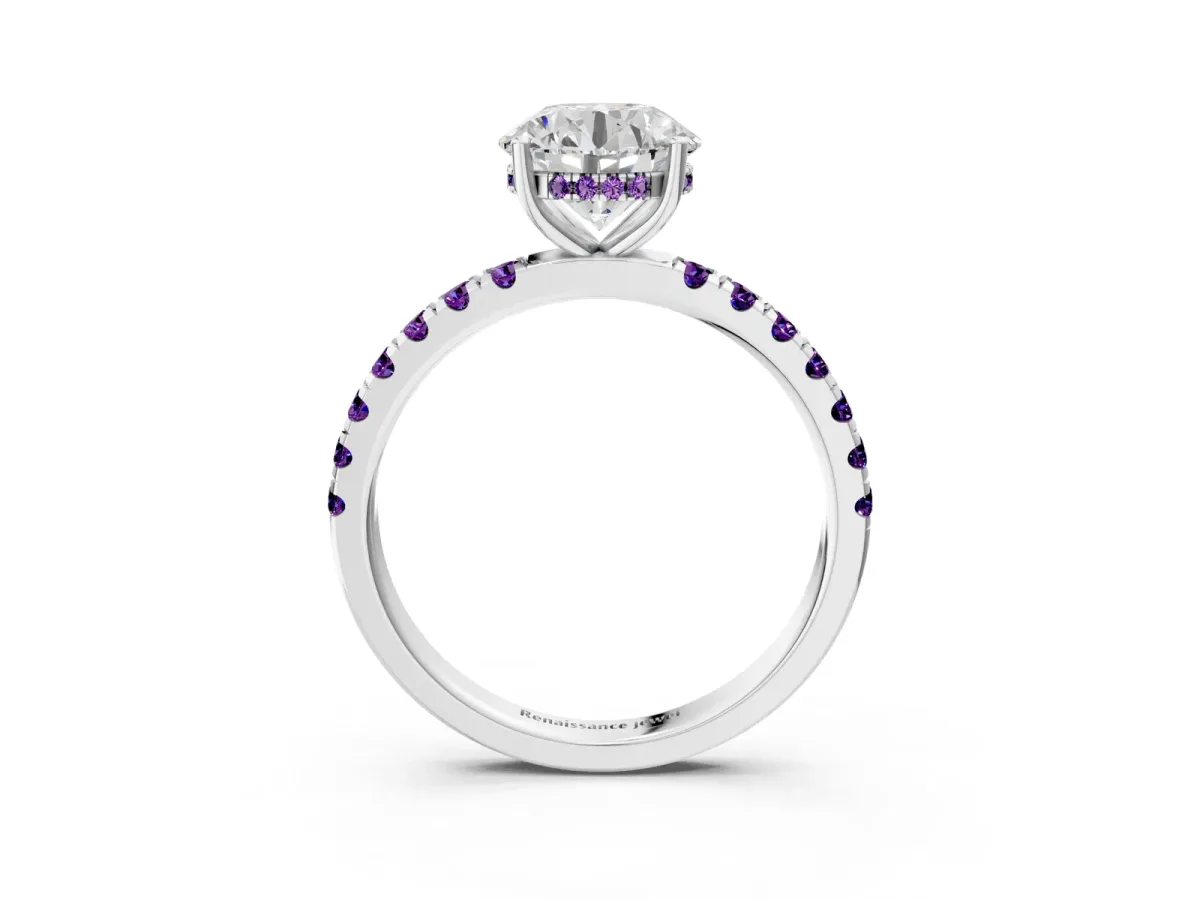 Round Cut Diamond Pave Band Solitaire Ring with Round Amethyst and Prong Setting Silver