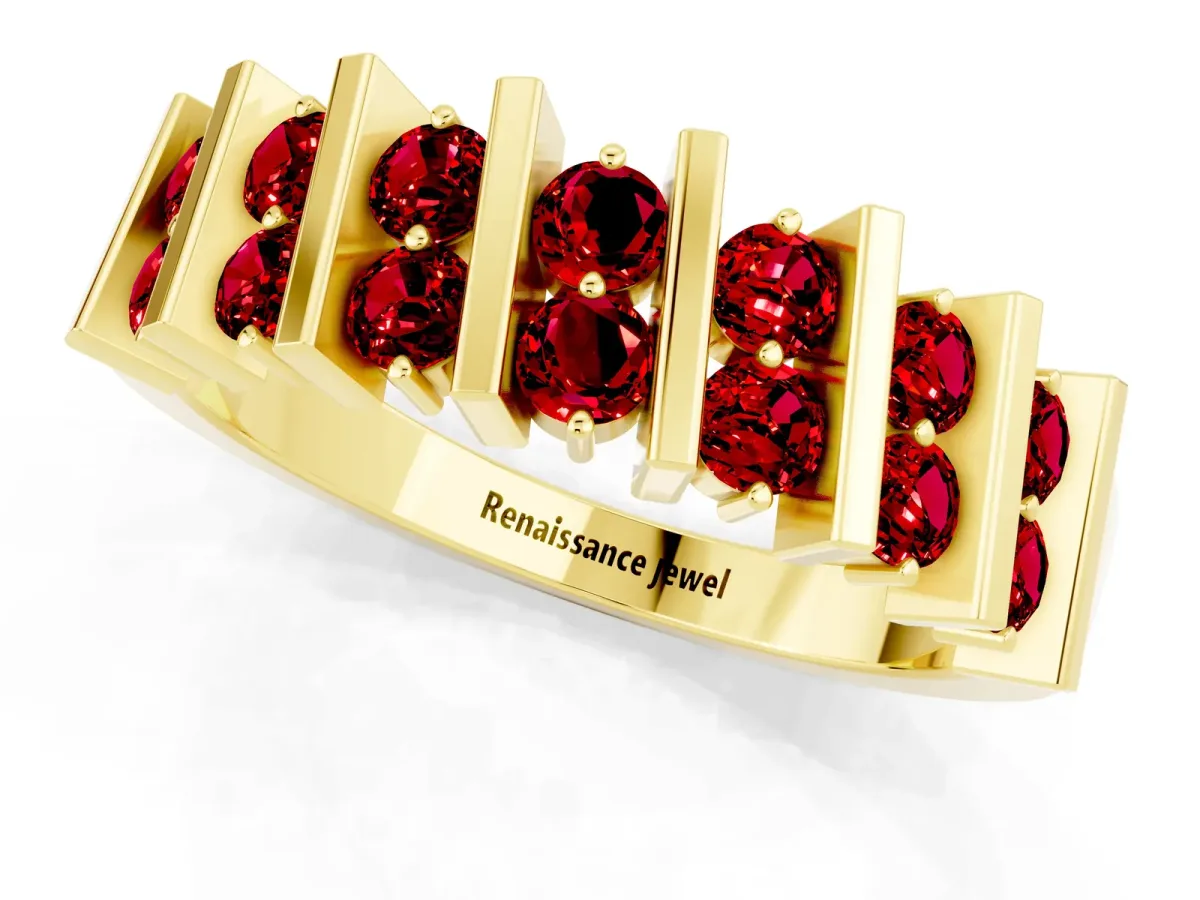 Channel Set Round Ruby Anniversary Band with Vertical Prongs Yellow gold