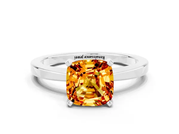 Cushion Cut Citrine Solitaire Engagement Ring with Classic Band and Four-Prong Setting Silver