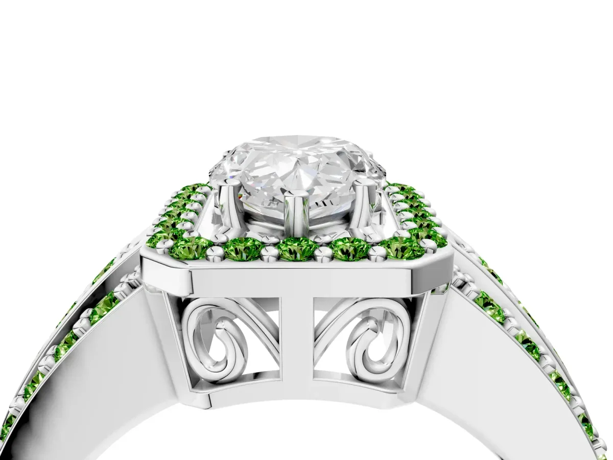 Pear Cut Halo Diamond Ring with Round Peridot Split Shank and Prong Setting Platinum