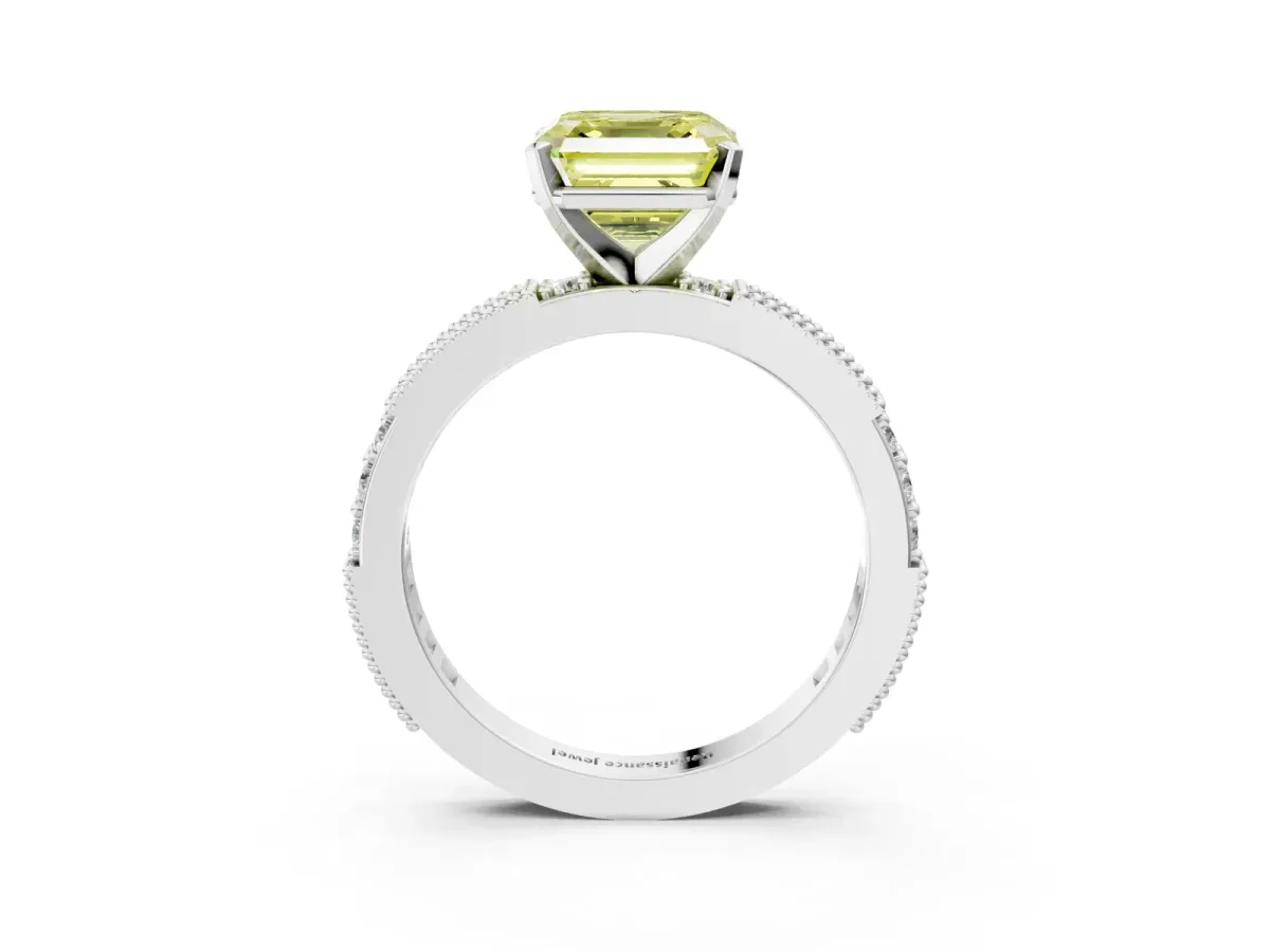 Fancy Yellow Asscher Cut Solitaire with Pavé Band and Four-Prong Setting Silver
