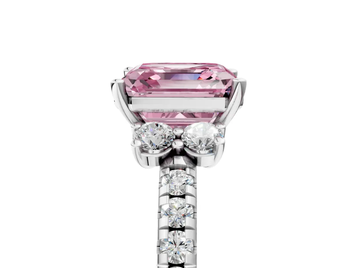 Fancy Pink Asscher Cut Diamond Three-Stone Pave Band with Four-Prong Setting Platinum