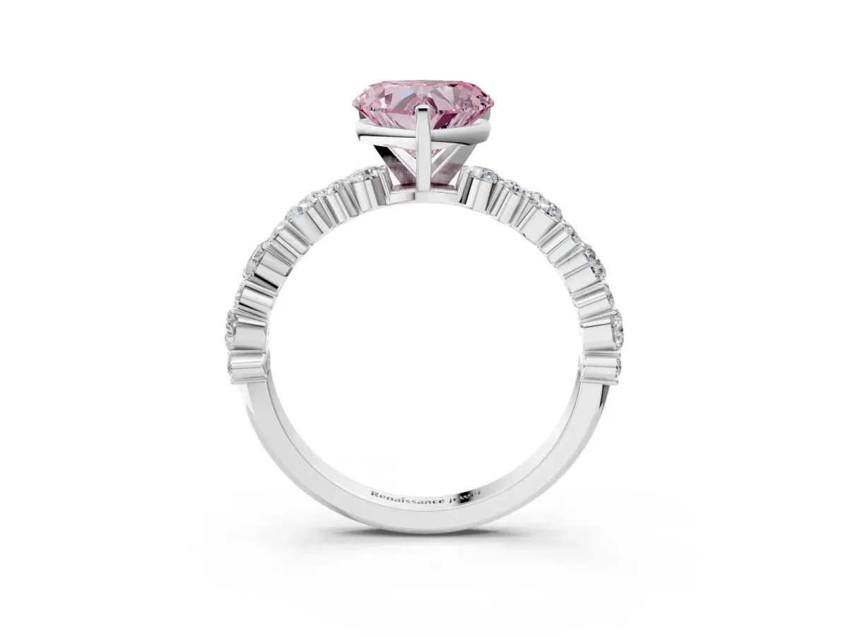 Fancy Pink Heart Cut Diamond Side Stone Solitaire Ring with Round and Four-Prong Setting Platinum