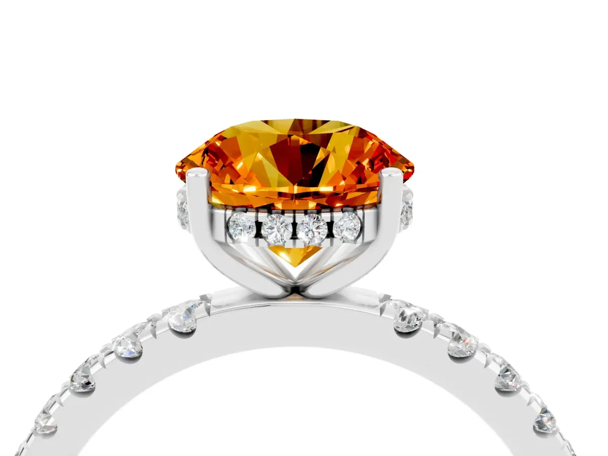 Round Cut Citrine Pave Band Solitaire Ring with Round and Prong Setting Silver