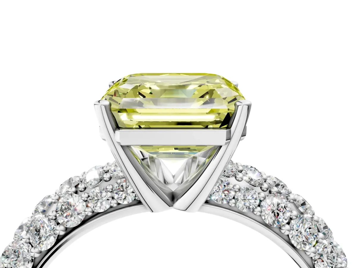Fancy Yellow Asscher Cut Diamond Pavé Band Solitaire Ring with Four-Prong Setting Platinum