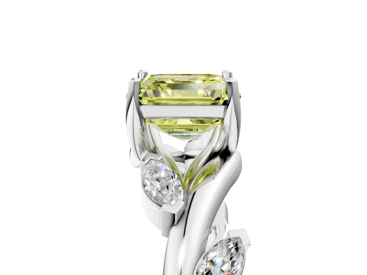 Fancy Yellow Asscher Cut Solitaire Twisted Band Marquise Accent Prong Setting Ring Platinum