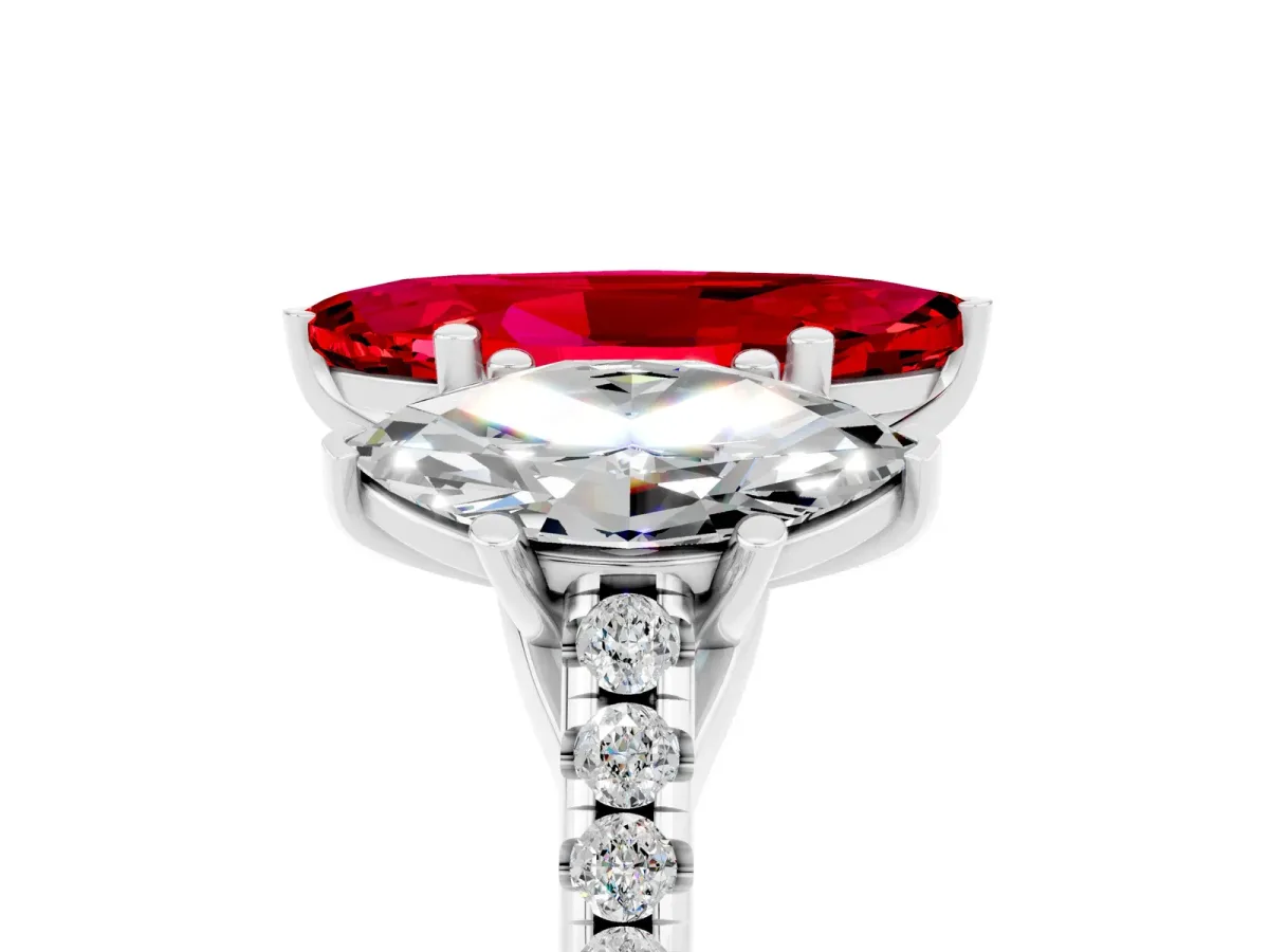Three-Stone Marquise Cut Ruby Ring with Round Pavé Band and Prong Setting Silver