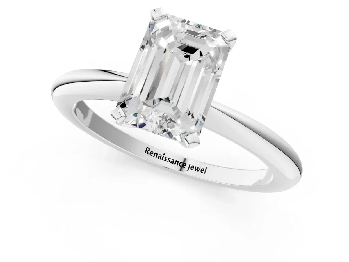 Emerald Cut Diamond Solitaire Ring with Six-Prong Setting and Classic Band Silver