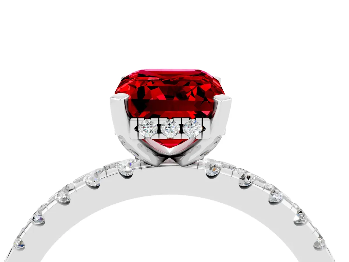 Emerald Cut Ruby Solitaire Ring with Round Pavé Band and Four-Prong Setting Silver