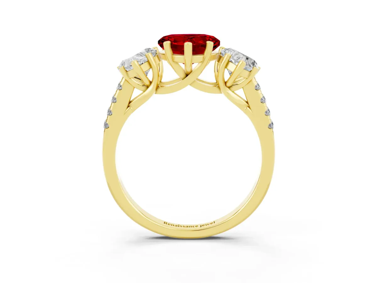 Three-Stone Heart Cut Ruby Ring with Round Pavé Band and Prong Setting Yellow gold