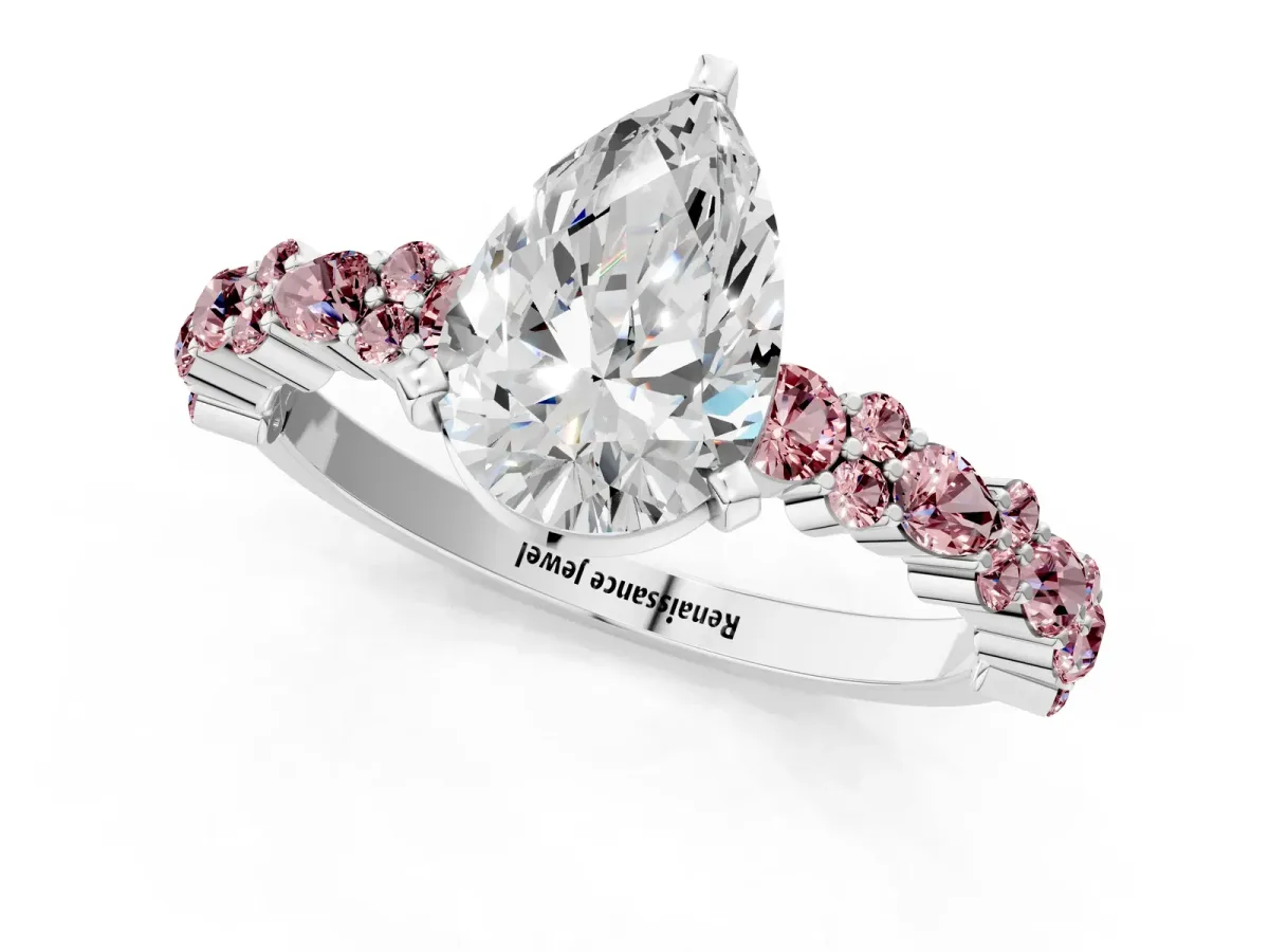 Pear Cut Diamond Side Stone Solitaire Ring with Round Morganite and Four-Prong Setting White gold