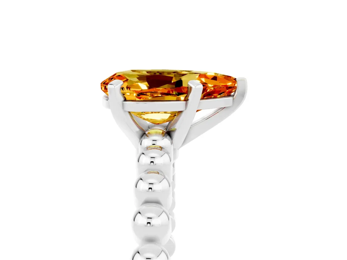 Pear Cut Citrine Solitaire Ring with Beaded Band and Prong Setting White gold