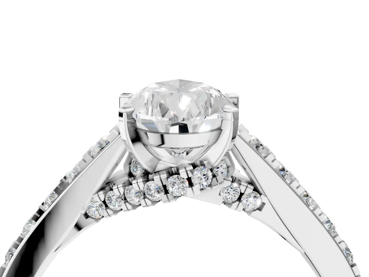 Pear Cut Diamond Solitaire Ring with Crossover Gallery and Round Pavé Band Silver