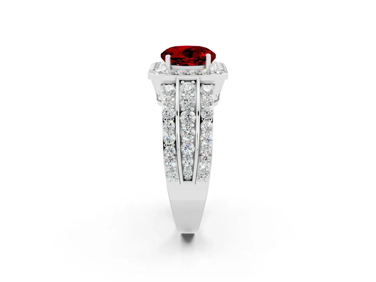 Round Cut Halo Ruby Ring with Round Split Shank and Prong Setting Platinum