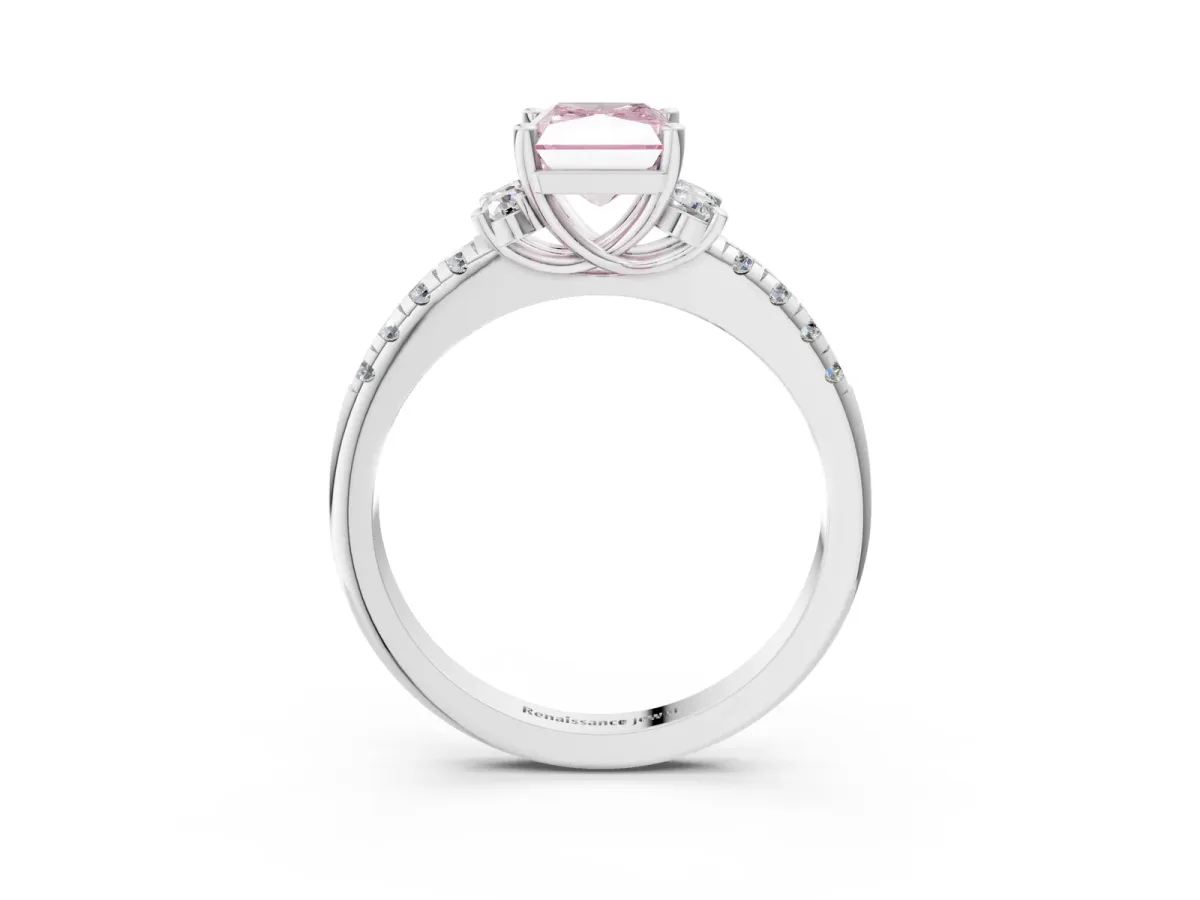 Fancy Pink Radiant Cut Diamond Three-Stone Pave Band with Four-Prong Setting Platinum