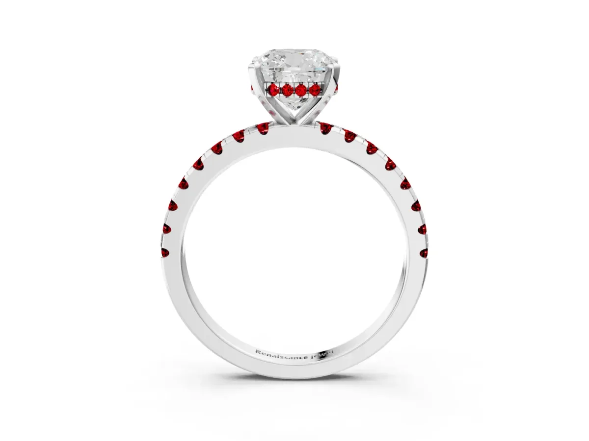 Cushion Cut Diamond Solitaire Ring with Round Ruby Pavé Band and Four-Prong Setting Silver