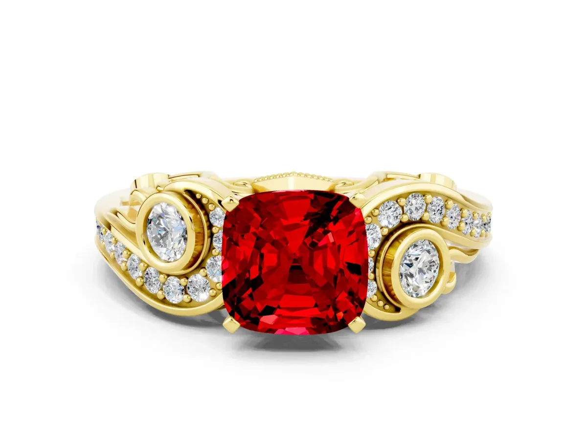 Cushion Cut Ruby Solitaire Ring with Milgrain Pavé Band and Four-Prong Setting Yellow gold