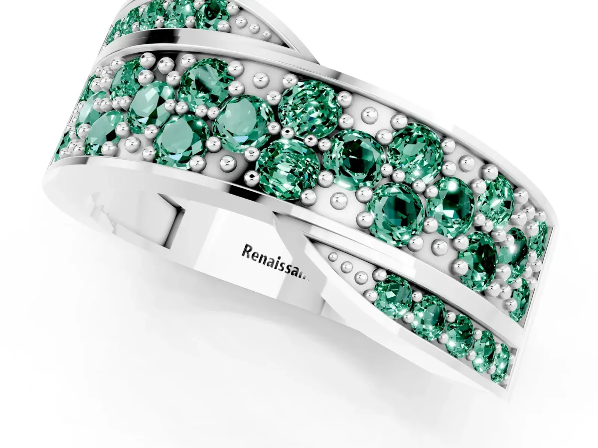 Pavé Round Green Sapphire Crossover Band with Bead Prong Setting Platinum