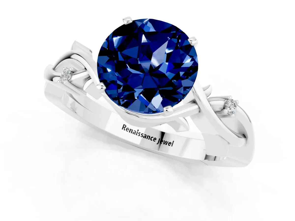 Round Cut Blue Sapphire Solitaire Ring with Twisted Band and Prong Setting Silver
