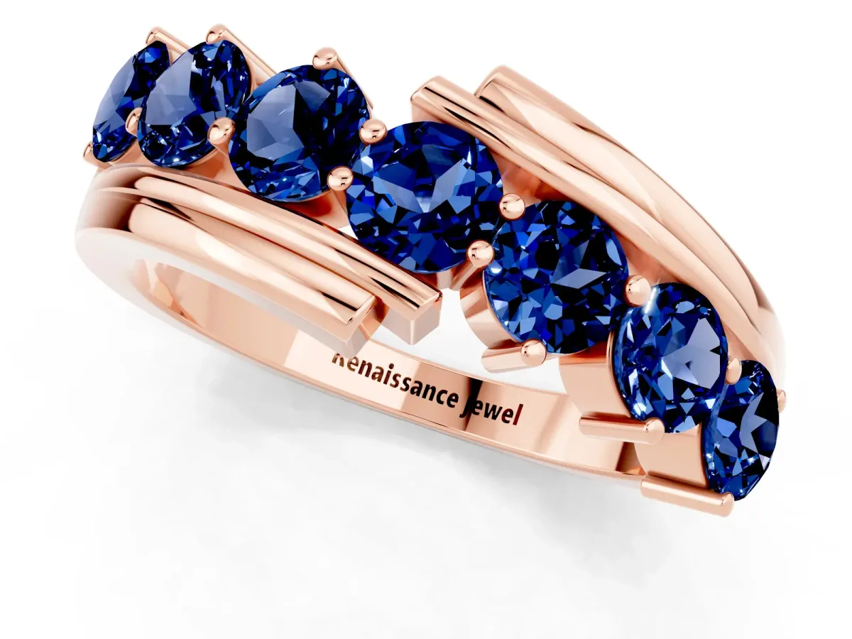 Round Blue Sapphire Wave Band with Channel and Shared Prong Setting Rose gold