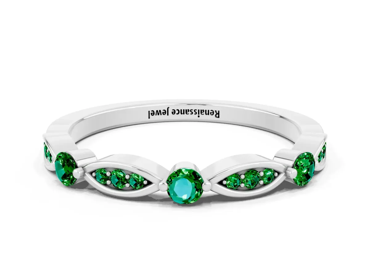 Marquise and Round Emerald Milgrain Band with Bezel Setting White gold