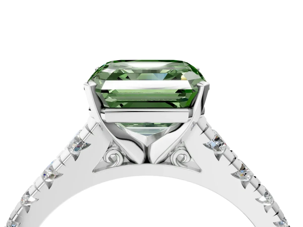Fancy Green Asscher Cut Diamond Cathedral Solitaire Ring with Round Pavé Band Silver