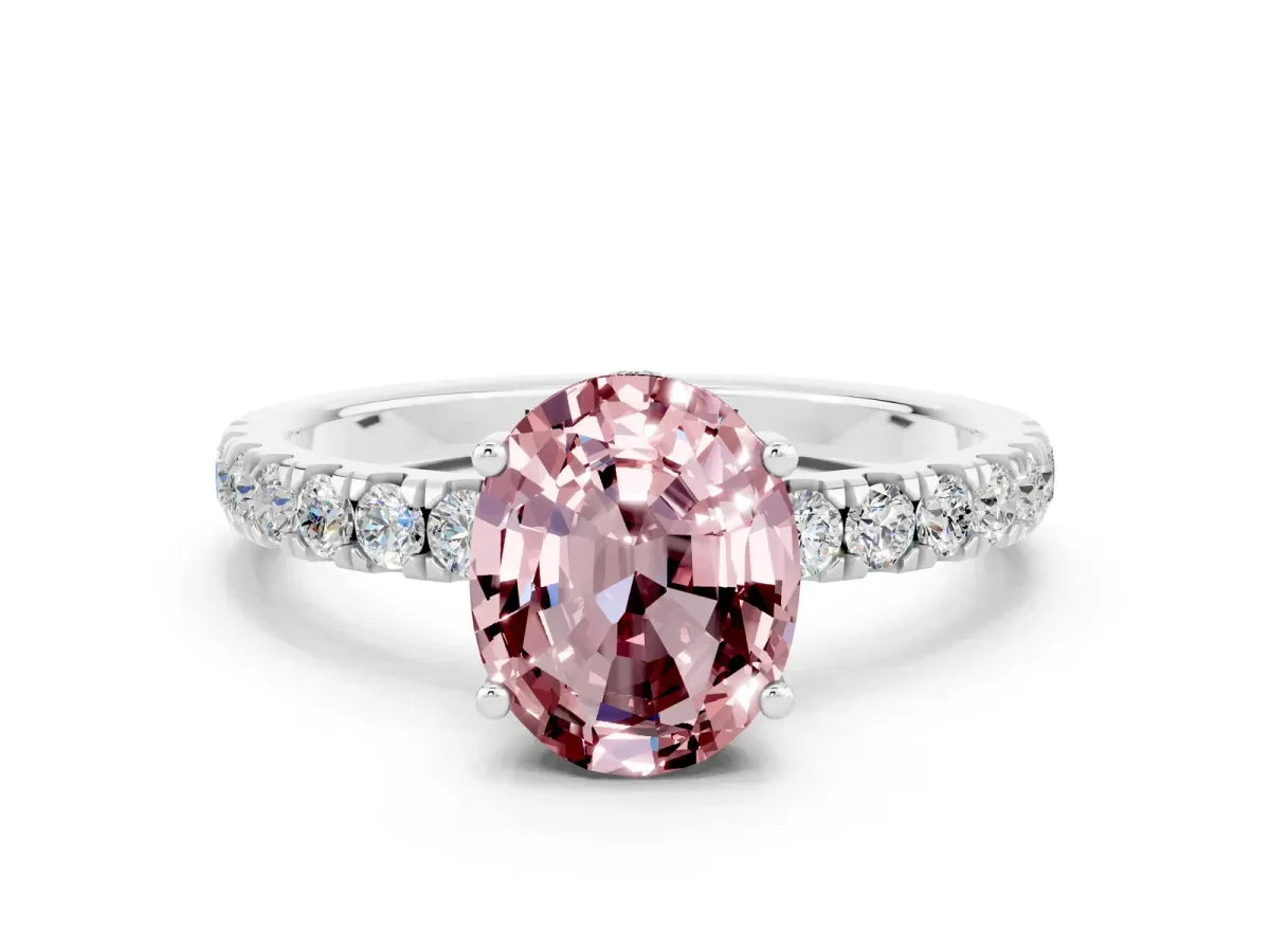 Oval Cut Morganite Pave Band Solitaire Ring with Round and Prong Setting Platinum