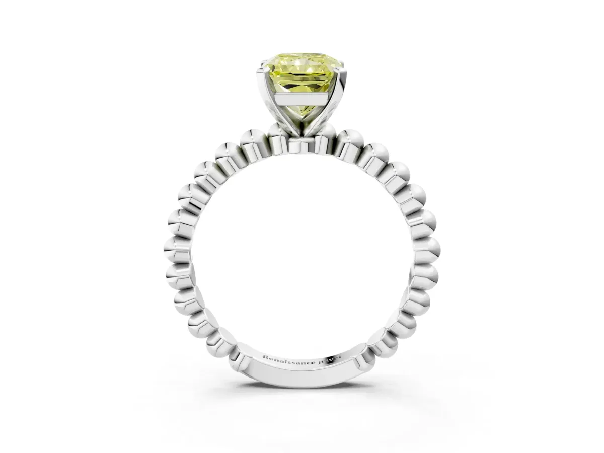 Fancy Yellow Radiant Cut Diamond Solitaire Ring with Beaded Band and Prong Setting Silver