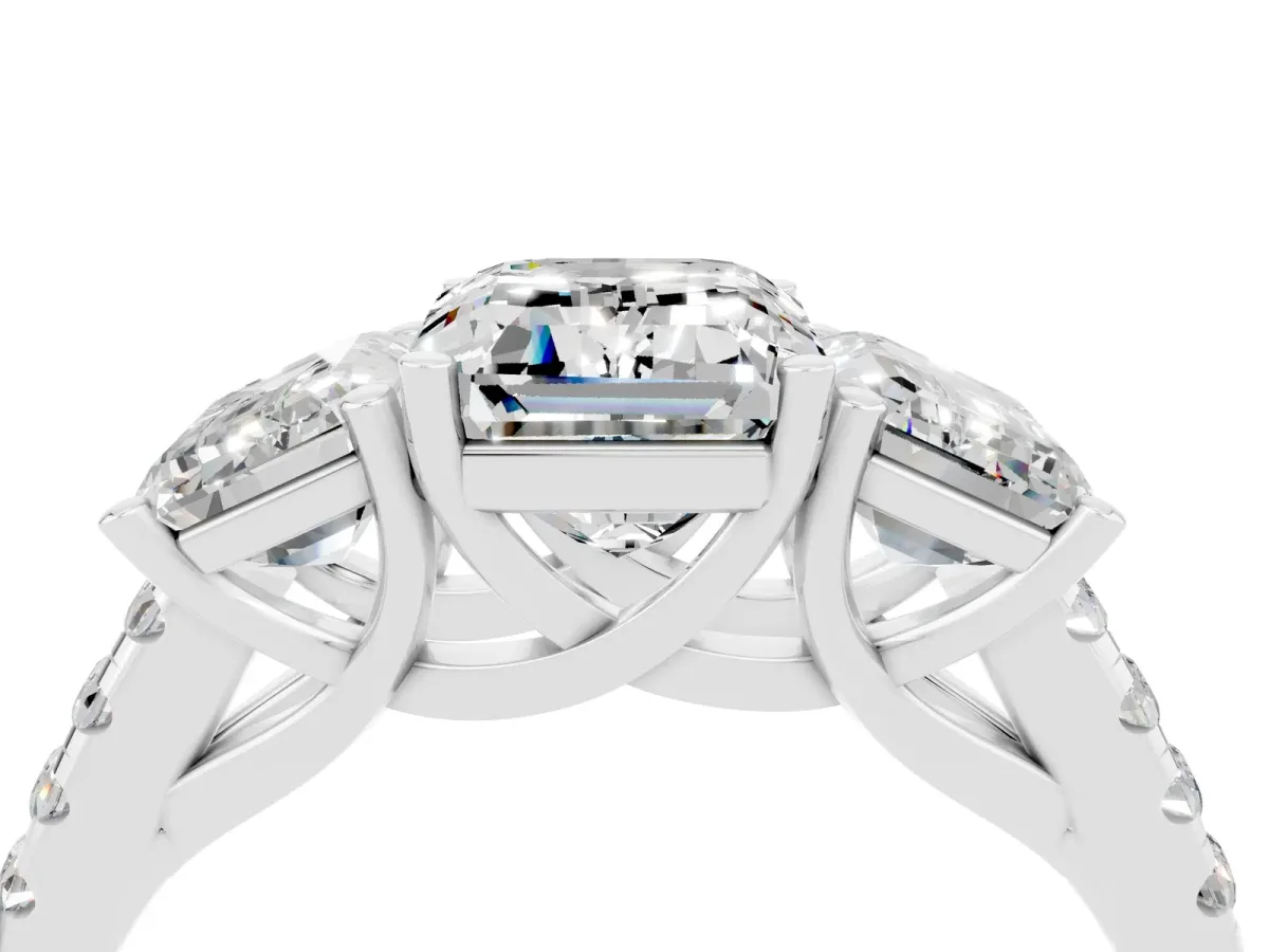 Three-Stone Emerald Cut Moissanite Ring with Round Pavé Band and Prong Setting Silver