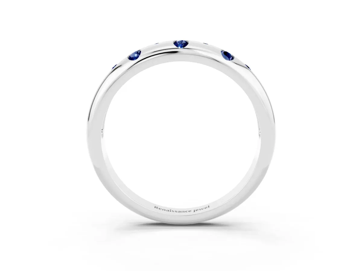 Round Blue Sapphire Flush-Set Comfort Fit Band White gold