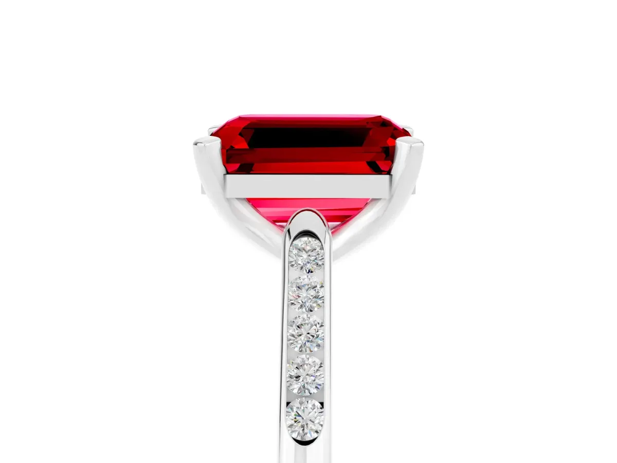 Emerald Cut Ruby Solitaire Ring with Channel Set Round Band and Prong Setting White gold