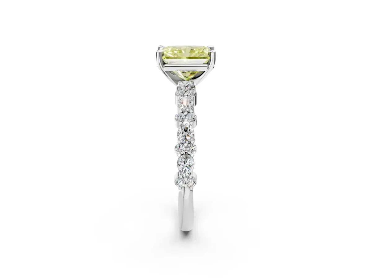 Fancy Yellow Radiant Cut Diamond Side Stone Solitaire Ring with Round and Four-Prong Setting Silver
