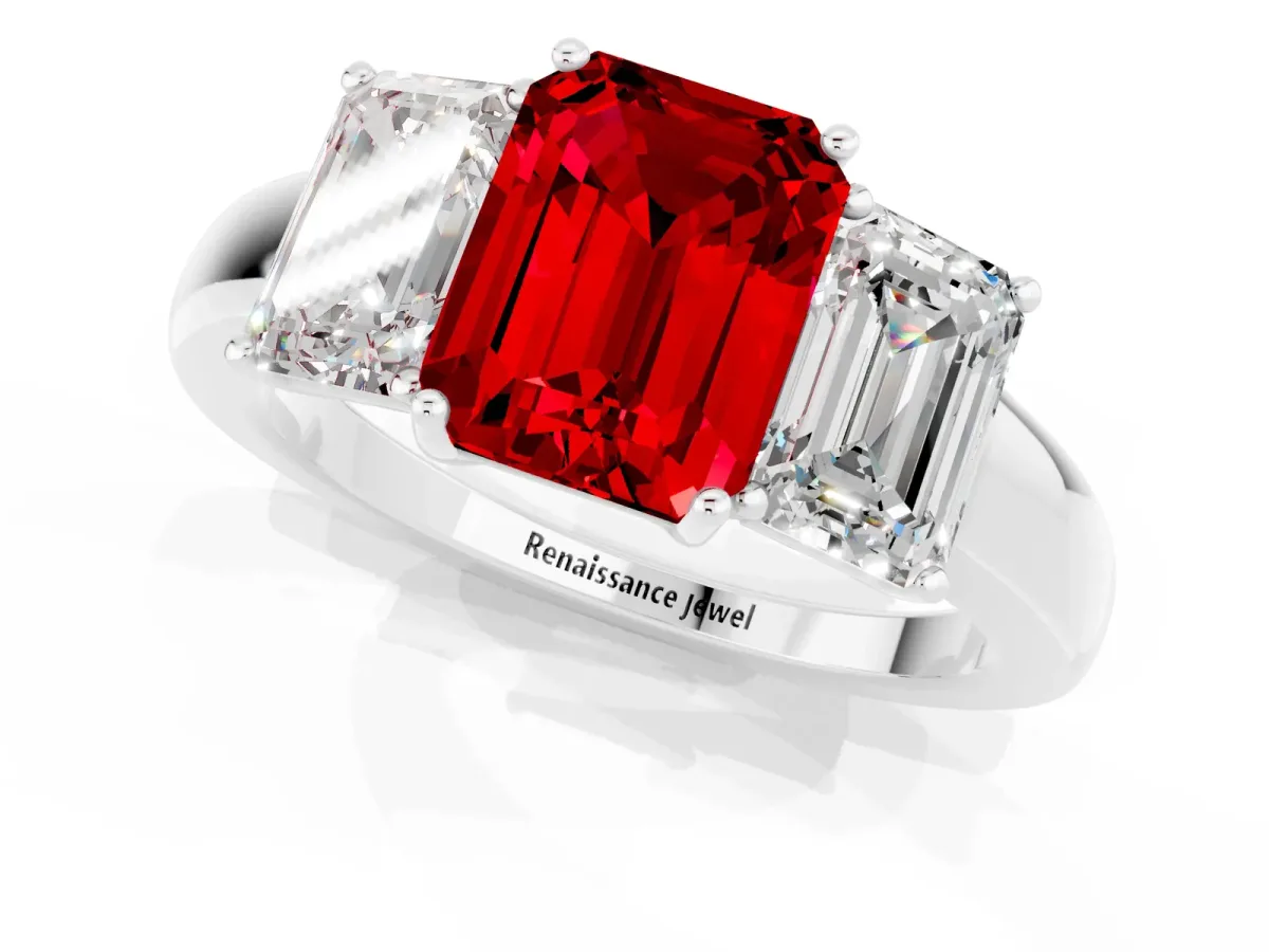 Emerald Cut Ruby Three-Stone Ring with Four-Prong Setting and Classic Band Silver