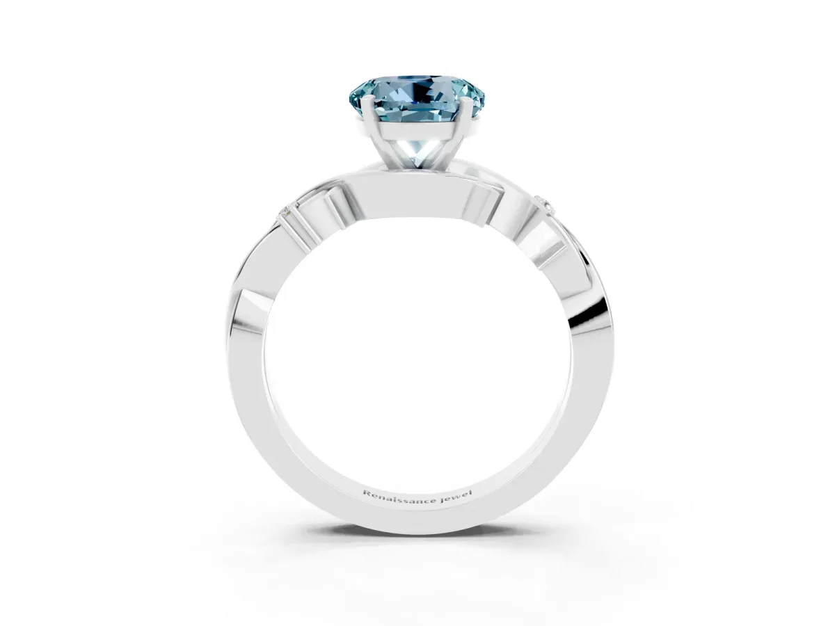 Round Cut Aquamarine Solitaire Ring with Twisted Band and Prong Setting Platinum