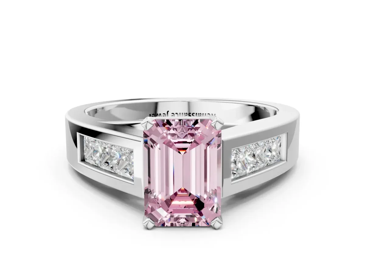 Fancy Pink Emerald Cut Cut Channel Set Solitaire Ring with Four-Prong Setting Silver