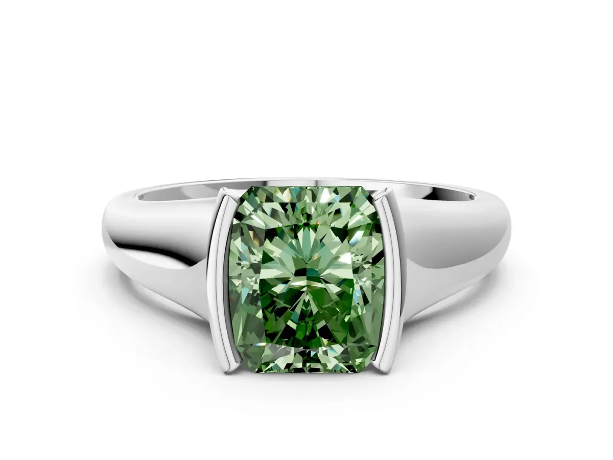 Fancy Green Radiant Cut Solitaire Tension Set Diamond Ring with Split Shank Band Platinum