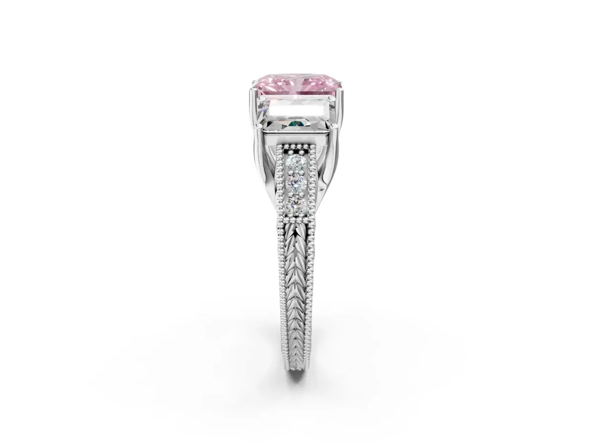 Fancy Pink Three-Stone Radiant Cut Cut Milgrain Pavé Engagement Ring Platinum