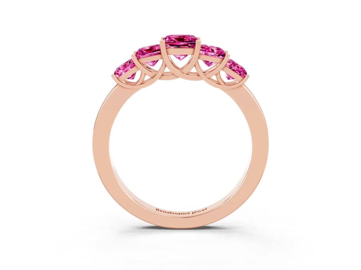 Princess Cut Five-Stone Pink Sapphire Ring with Classic Prong Setting Rose gold