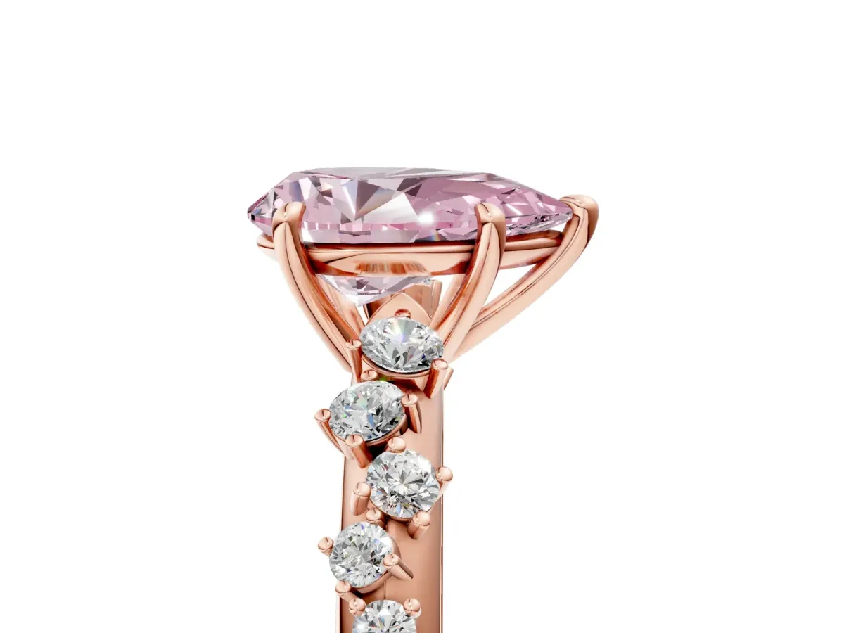 Fancy Pink Pear Cut Diamond Cluster Side Stone Solitaire Ring with Prong Setting Rose gold