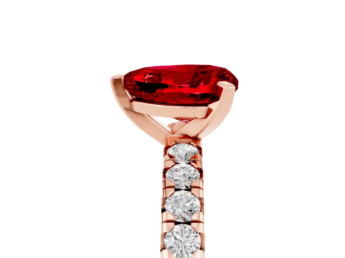 Heart Cut Ruby Solitaire Pavé Engagement Ring with Round Band and Prong Setting Rose gold