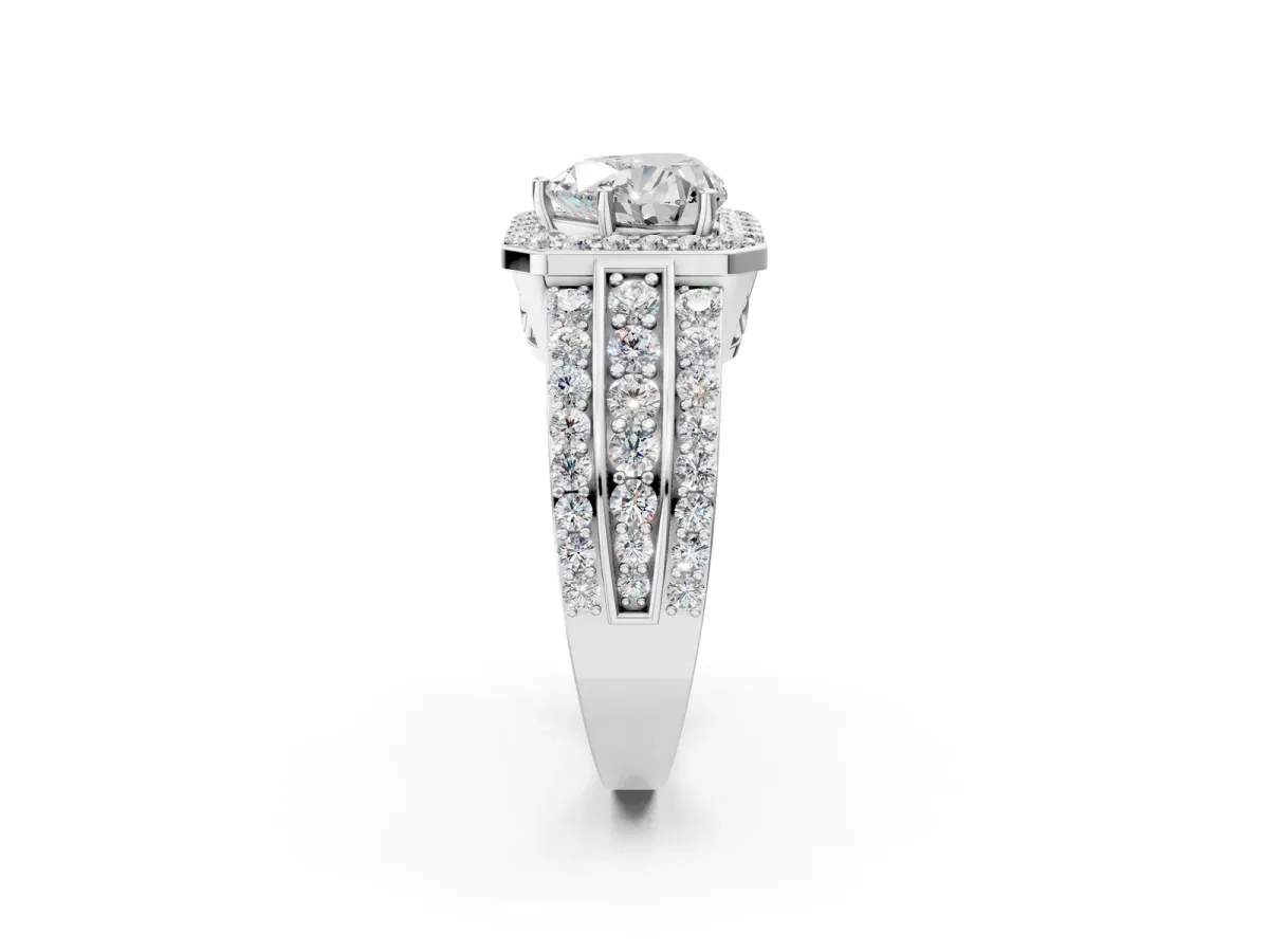 Heart Cut Halo Diamond Ring with Round Split Shank and Prong Setting Platinum